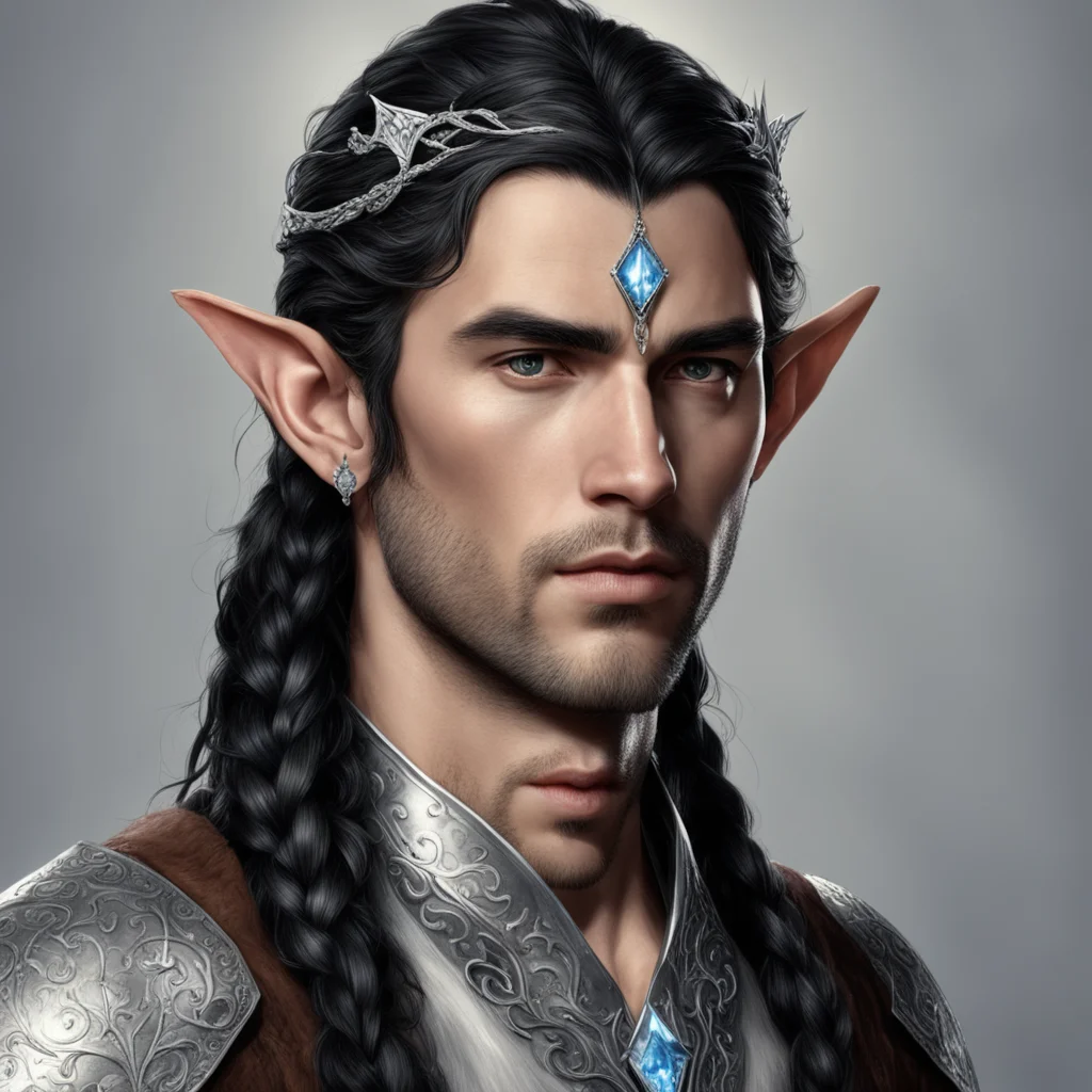 aitolkien noble sindarin male elf with dark hair and braids wearing silver elvish circlet with diamonds with large center diamond  good looking trending fantastic 1