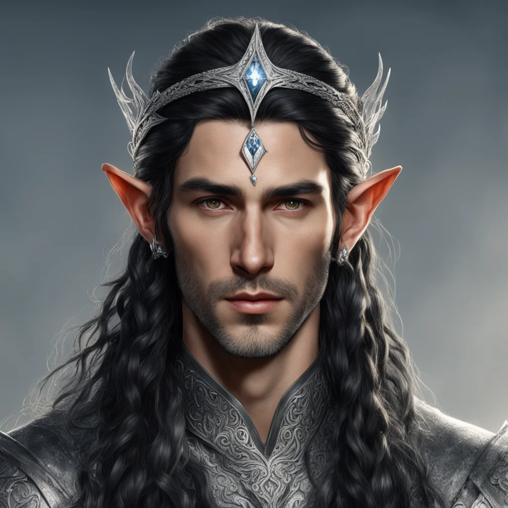 tolkien noble sindarin male elf with dark hair and braids wearing silver elvish circlet with diamonds with large center diamond 