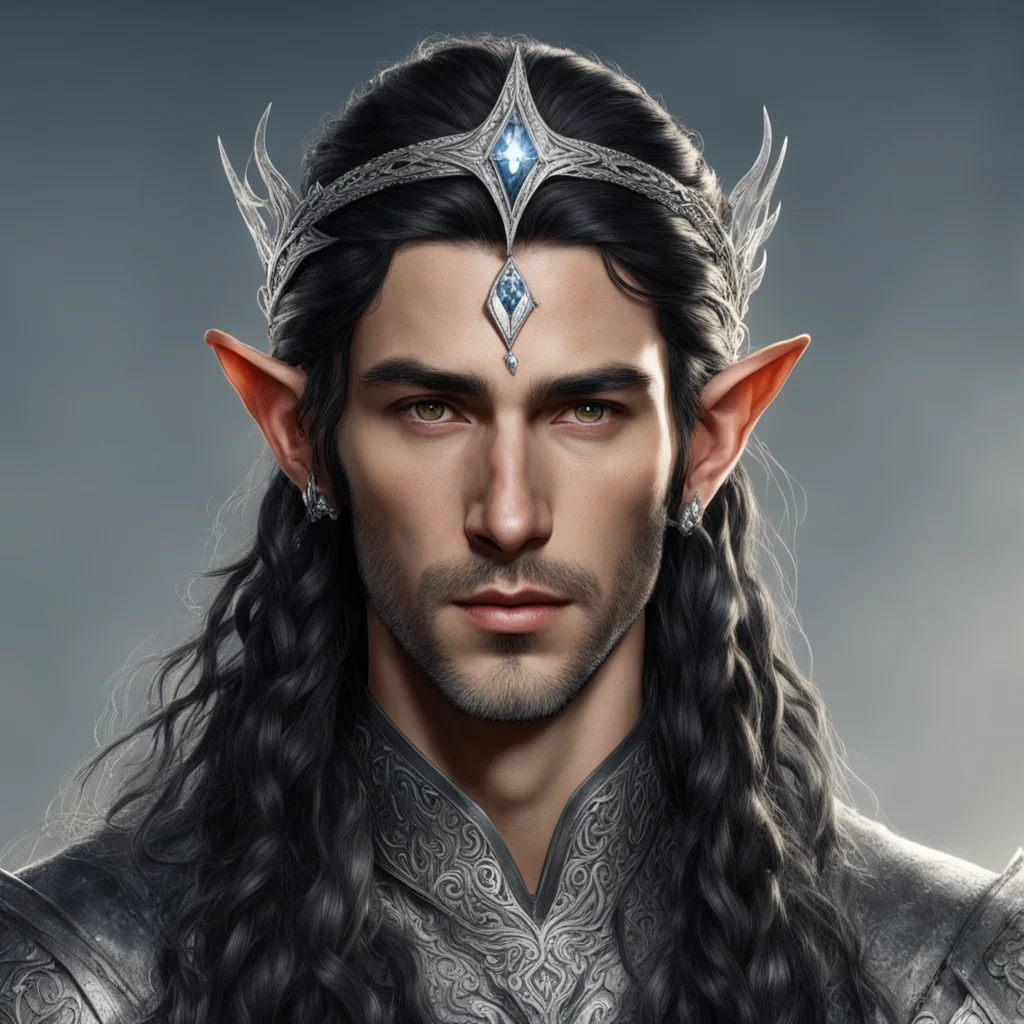 aitolkien noble sindarin male elf with dark hair and braids wearing silver elvish circlet with diamonds with large center diamond 