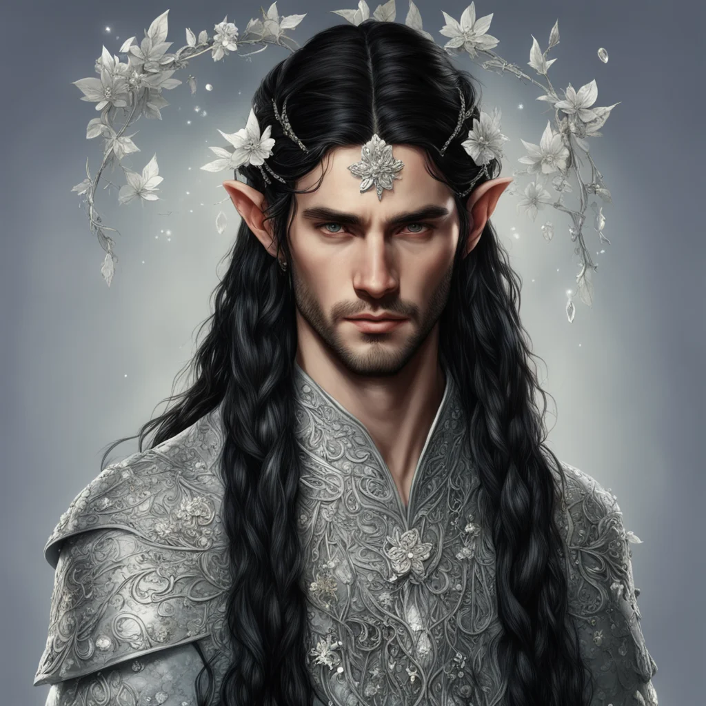 tolkien noble sindarin male elf with dark hair and braids with silver leaves and silver flowers encrusted with diamonds forming a silver elvish circlet with diamonds and  amazing awesome portrait 2.