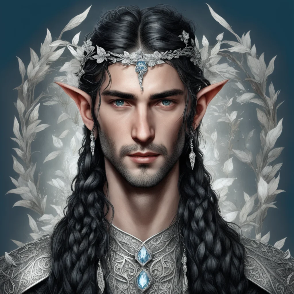 tolkien noble sindarin male elf with dark hair and braids with silver leaves and silver flowers encrusted with diamonds forming a silver elvish circlet with diamonds and  confident engaging wow arts