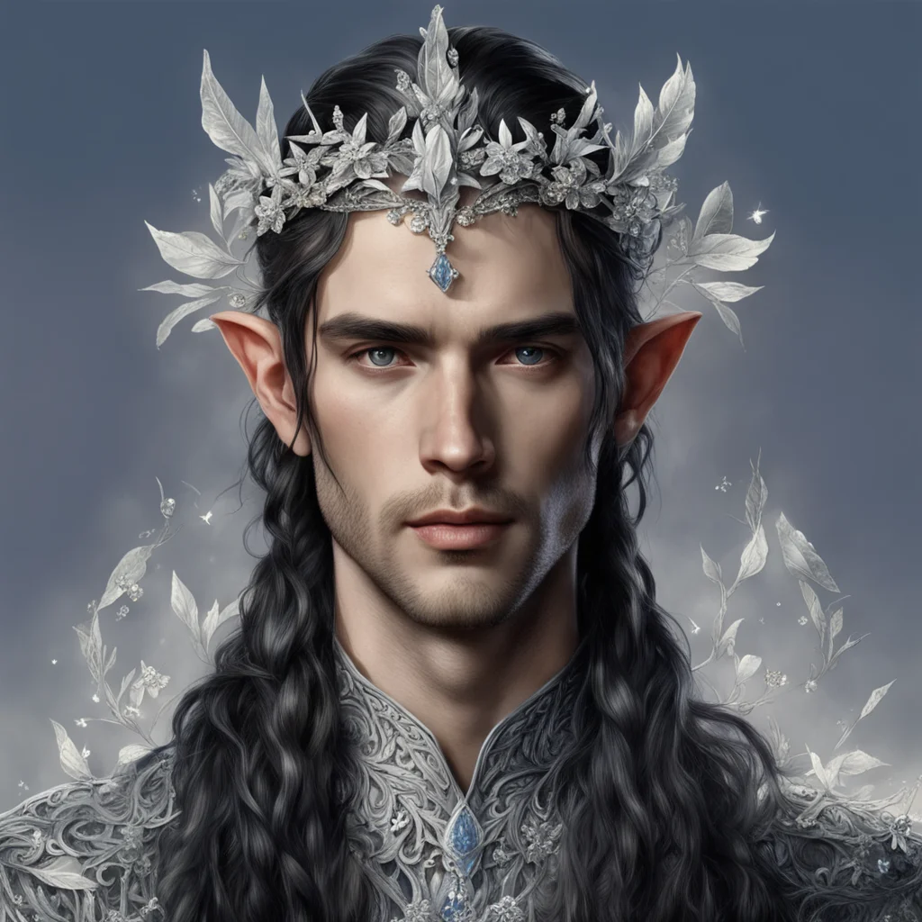 aitolkien noble sindarin male elf with dark hair and braids with silver leaves and silver flowers encrusted with diamonds forming a silver elvish circlet with diamonds and 