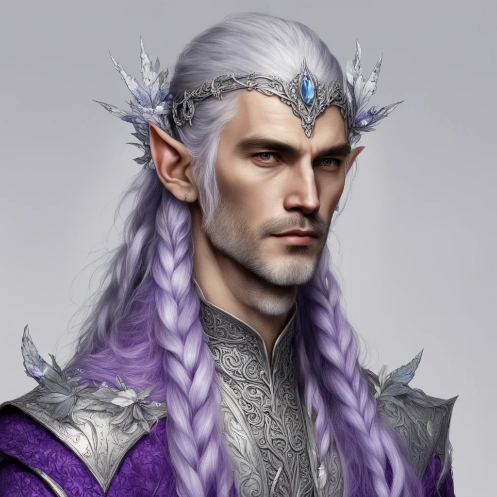aitolkien noble sindarin male elf with purplish silver hair and braids wearing silver leaf and silver flower encrusted with diamonds to form a silver elvish circlet with large center diamond