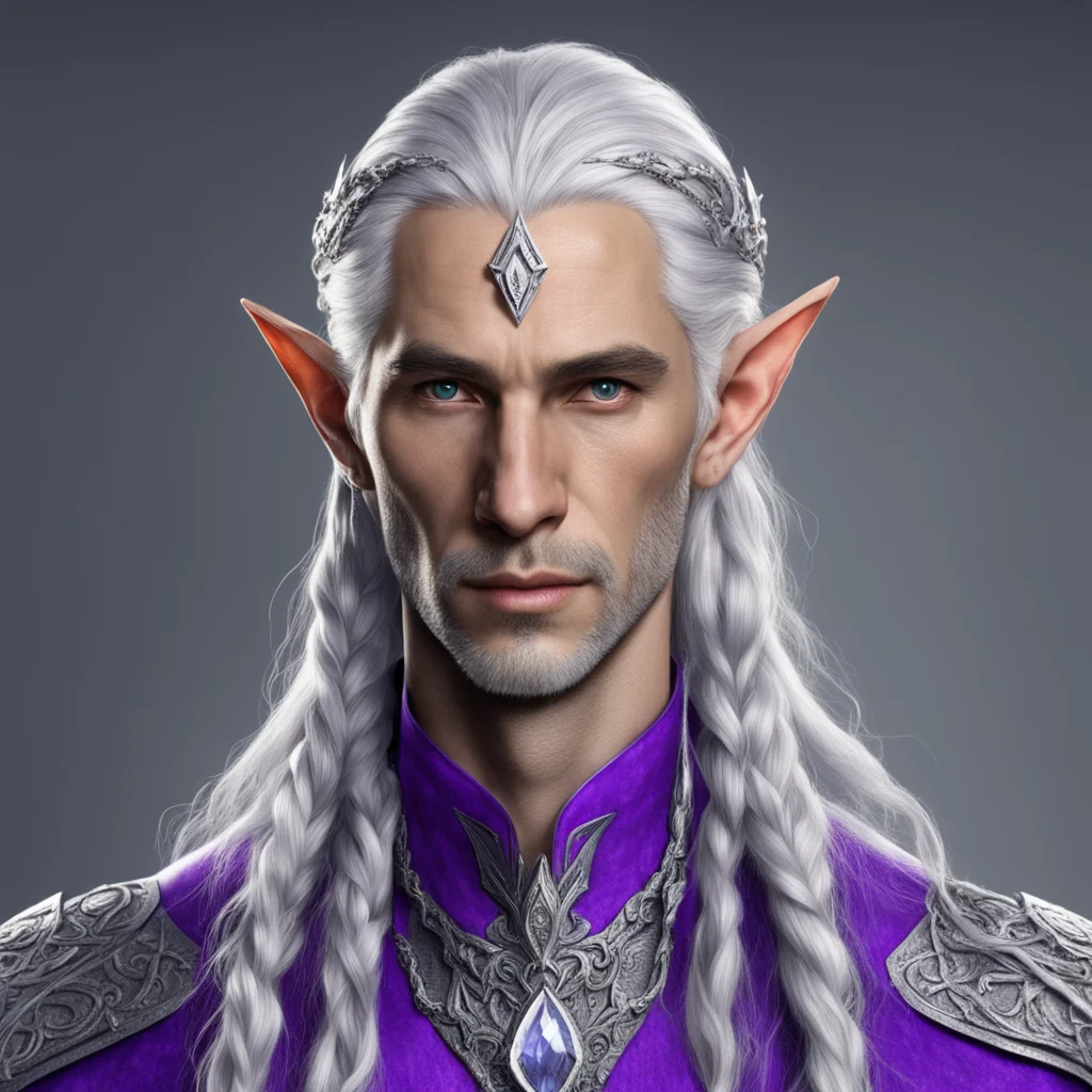 aitolkien noble sindarin male elf with purplish silver hair with braids wearing silver elvish circlet with diamonds and large center diamond amazing awesome portrait 2