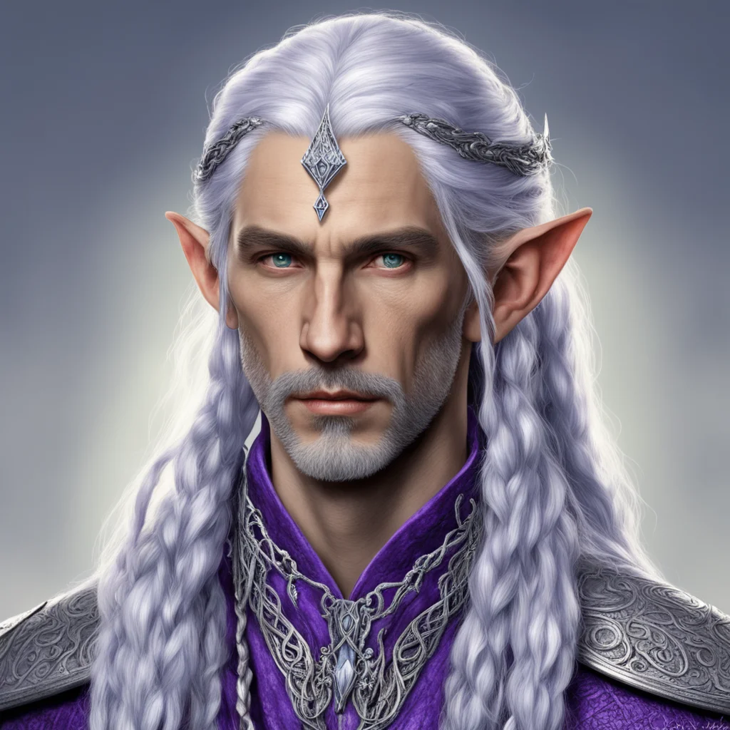 aitolkien noble sindarin male elf with purplish silver hair with braids wearing silver elvish circlet with diamonds and large center diamond confident engaging wow artstation art 3