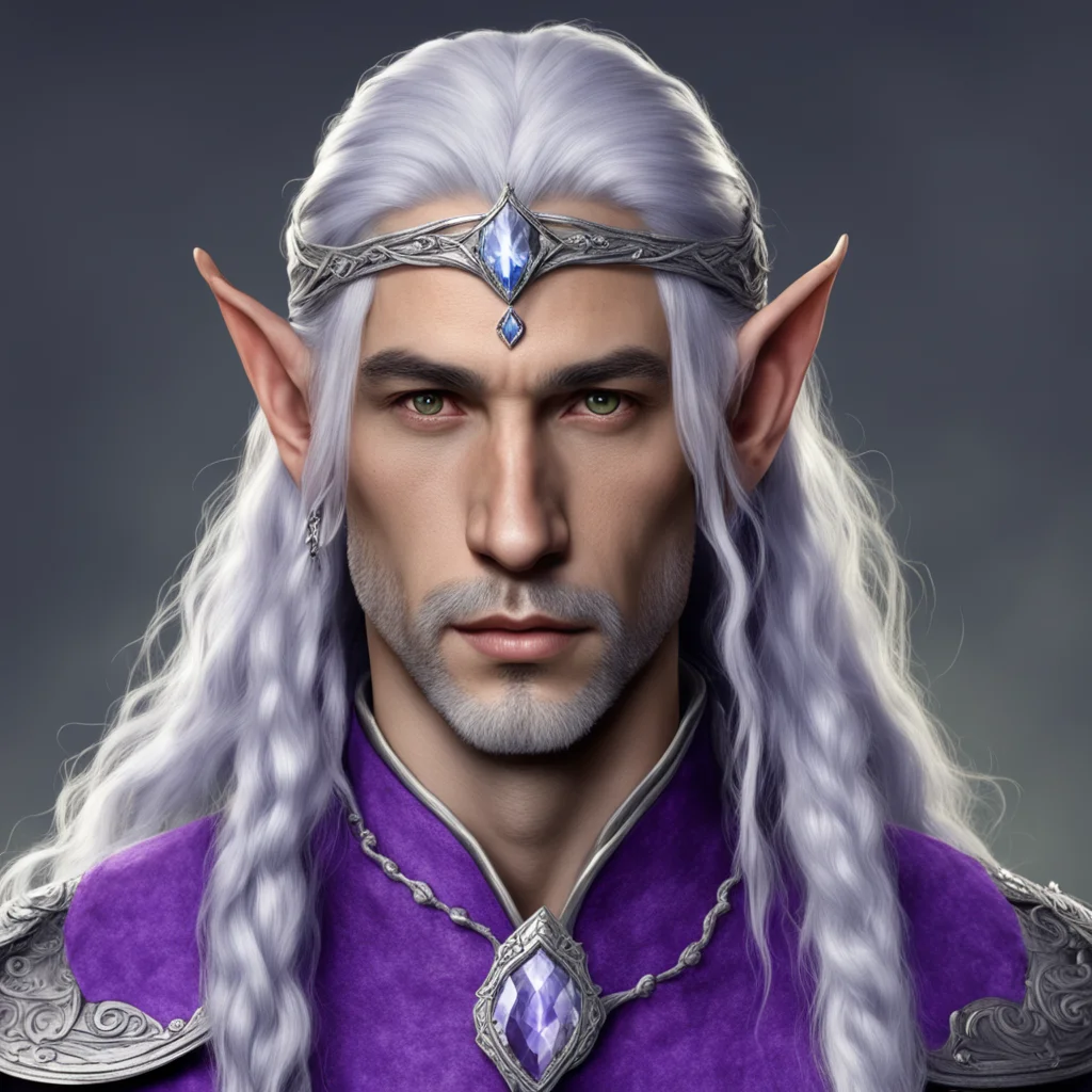 tolkien noble sindarin male elf with purplish silver hair with braids wearing silver elvish circlet with diamonds and large center diamond good looking trending fantastic 1