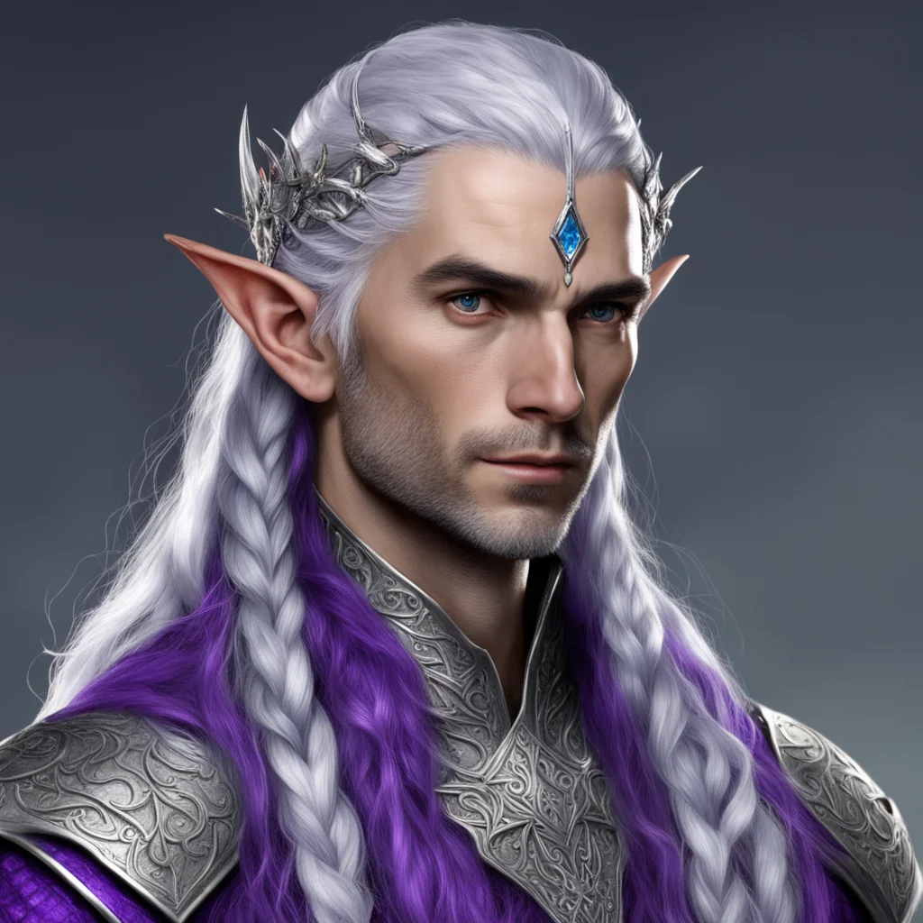 tolkien noble sindarin male elf with purplish silver hair with braids wearing silver elvish circlet with diamonds and large center diamond