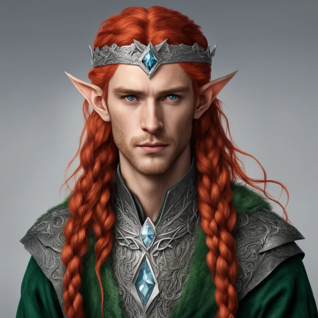 aitolkien noble sindarin male elf with red hair and braids wearing silver elvish circlet with diamonds with large center diamond  amazing awesome portrait 2