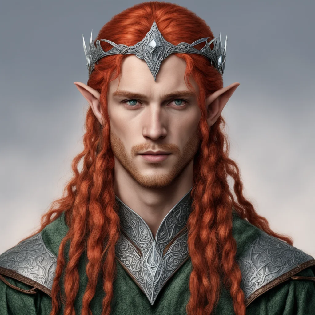 aitolkien noble sindarin male elf with red hair and braids wearing silver elvish circlet with diamonds with large center diamond  confident engaging wow artstation art 3