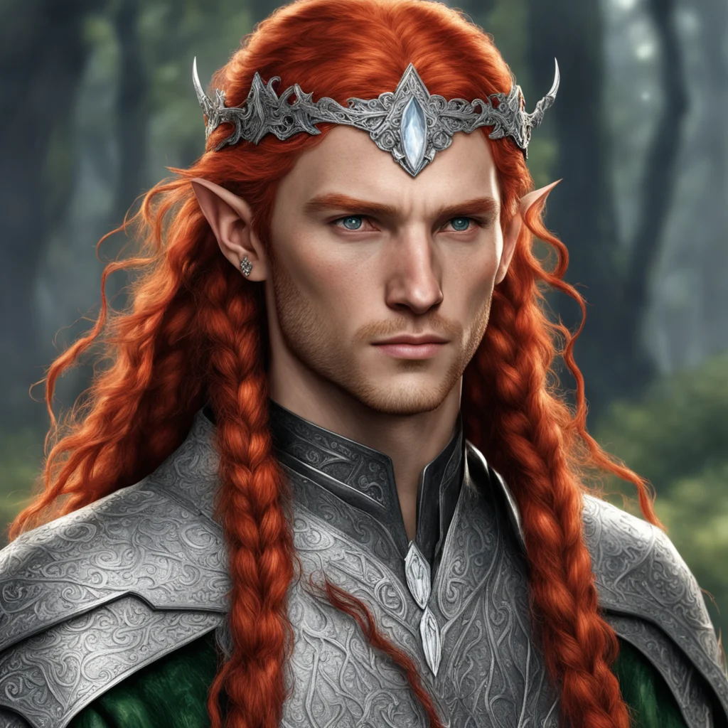 tolkien noble sindarin male elf with red hair and braids wearing silver elvish circlet with diamonds with large center diamond  good looking trending fantastic 1