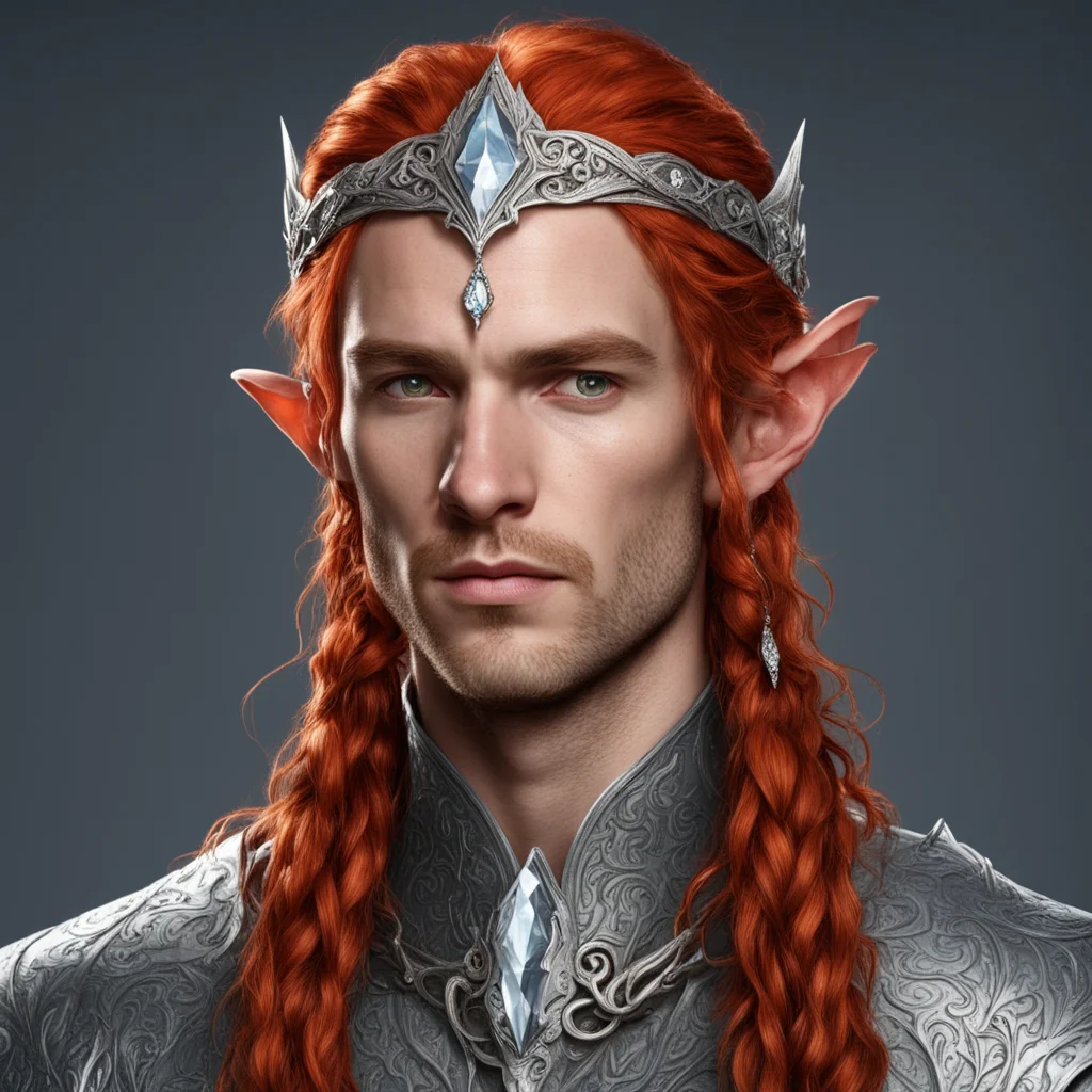 tolkien noble sindarin male elf with red hair and braids wearing silver elvish circlet with diamonds with large center diamond 