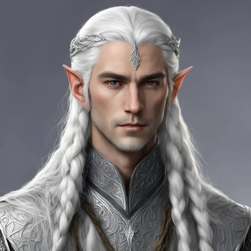 tolkien noble sindarin male elf with white hair and braids wearing silver elvish circlet with center diamond confident engaging wow artstation art 3