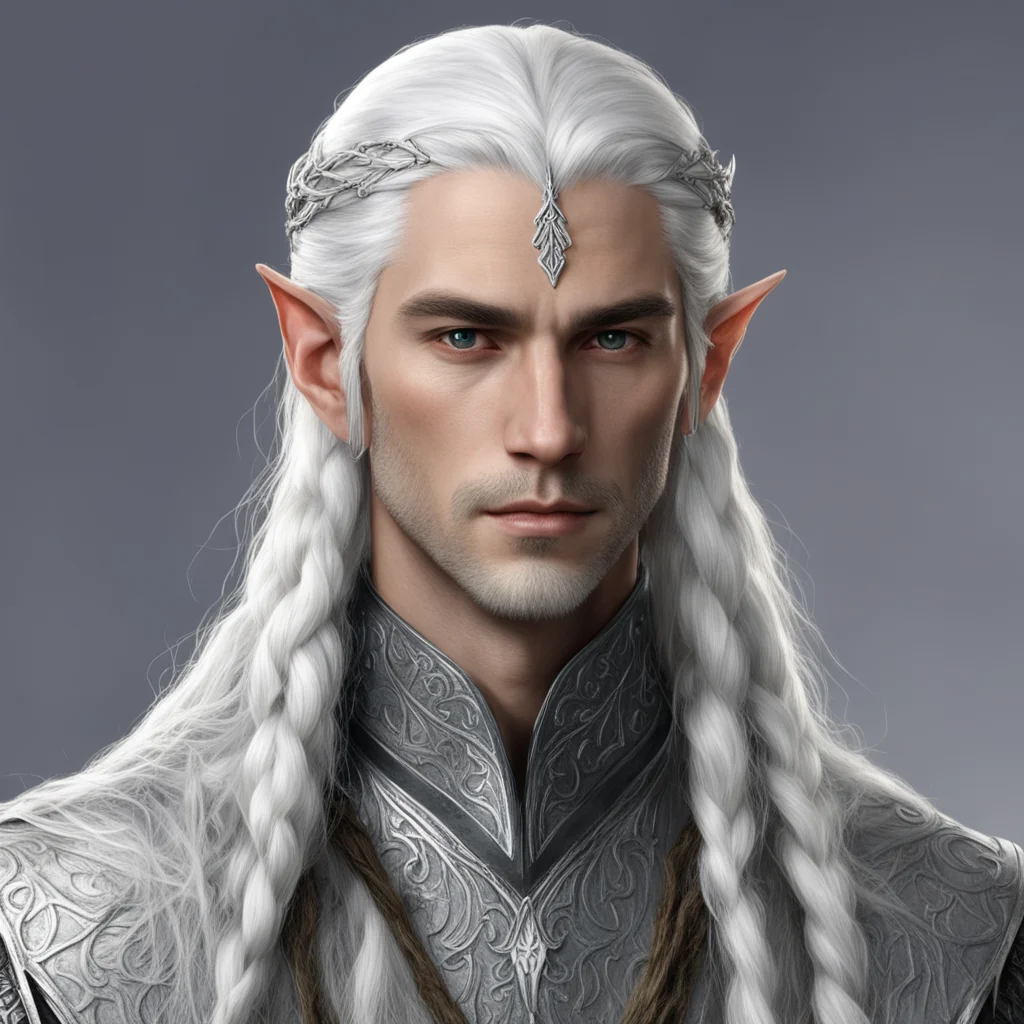 aitolkien noble sindarin male elf with white hair and braids wearing silver elvish circlet with center diamond confident engaging wow artstation art 3