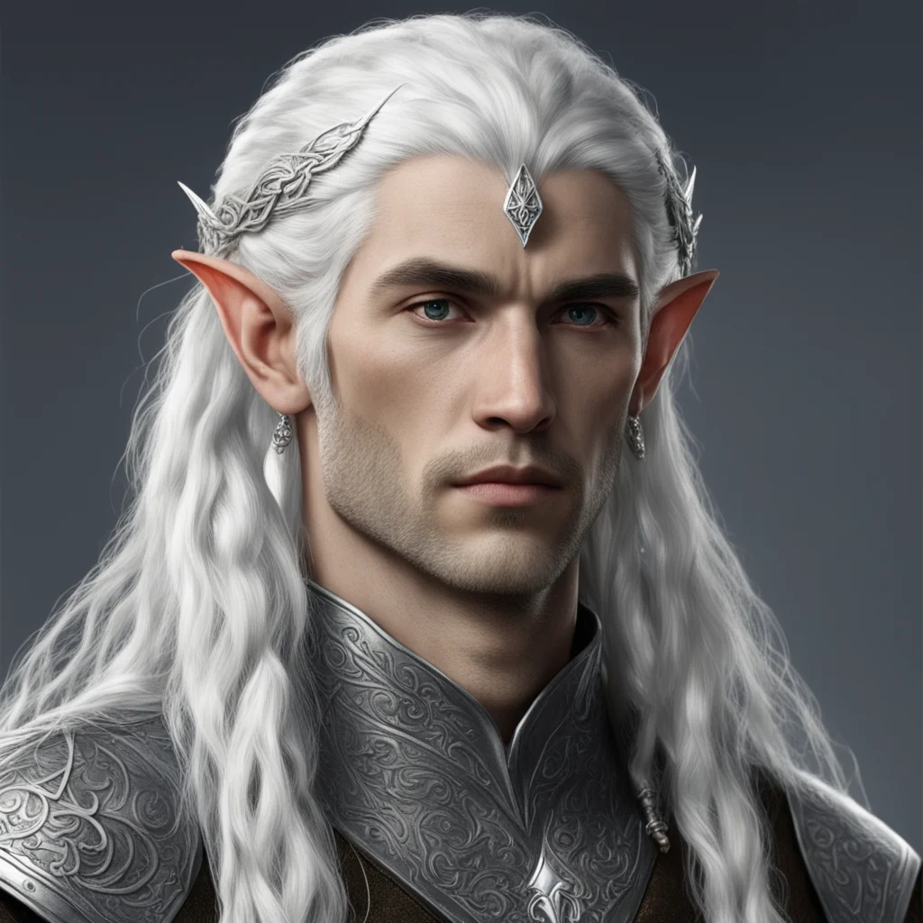 aitolkien noble sindarin male elf with white hair and braids wearing silver elvish circlet with center diamond good looking trending fantastic 1