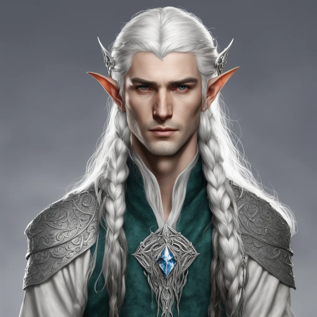 tolkien noble sindarin male elf with white hair and braids wearing silver elvish circlet with center diamond