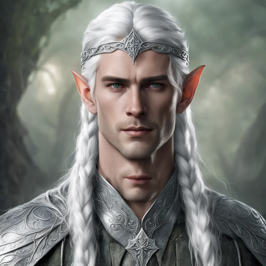 tolkien noble sindarin male elf with white hair and braids wearing silver elvish circlet with diamonds with large center diamond amazing awesome portrait 2