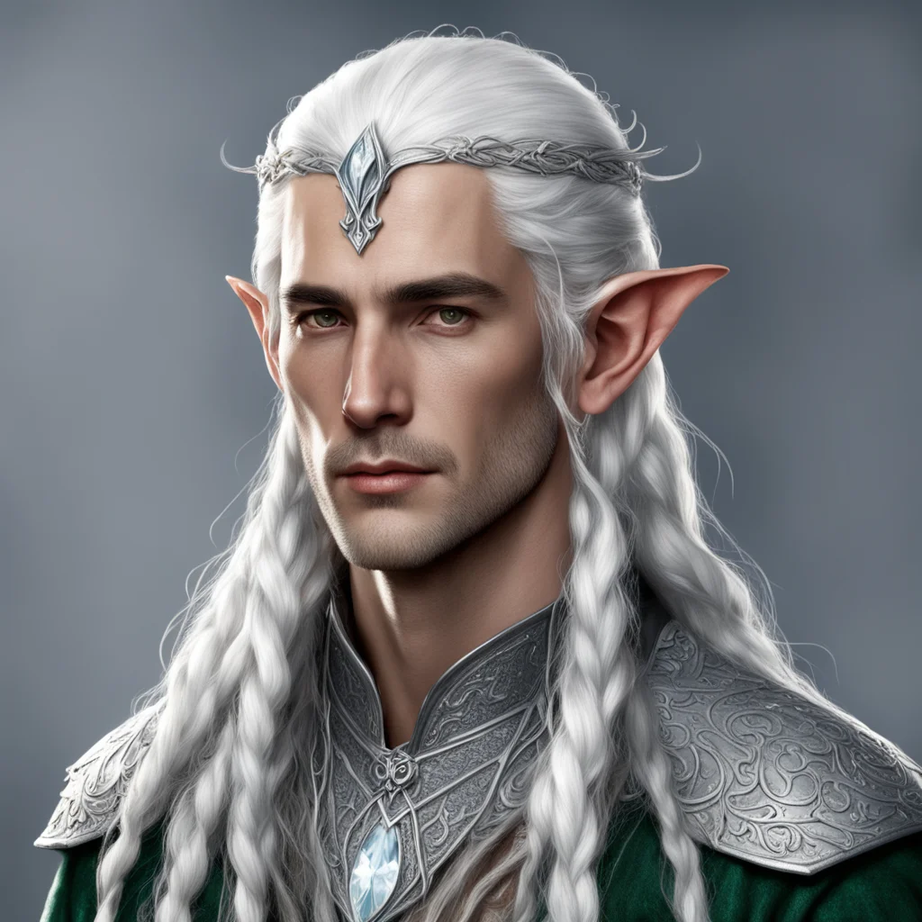 aitolkien noble sindarin male elf with white hair and braids wearing silver elvish circlet with diamonds with large center diamond confident engaging wow artstation art 3