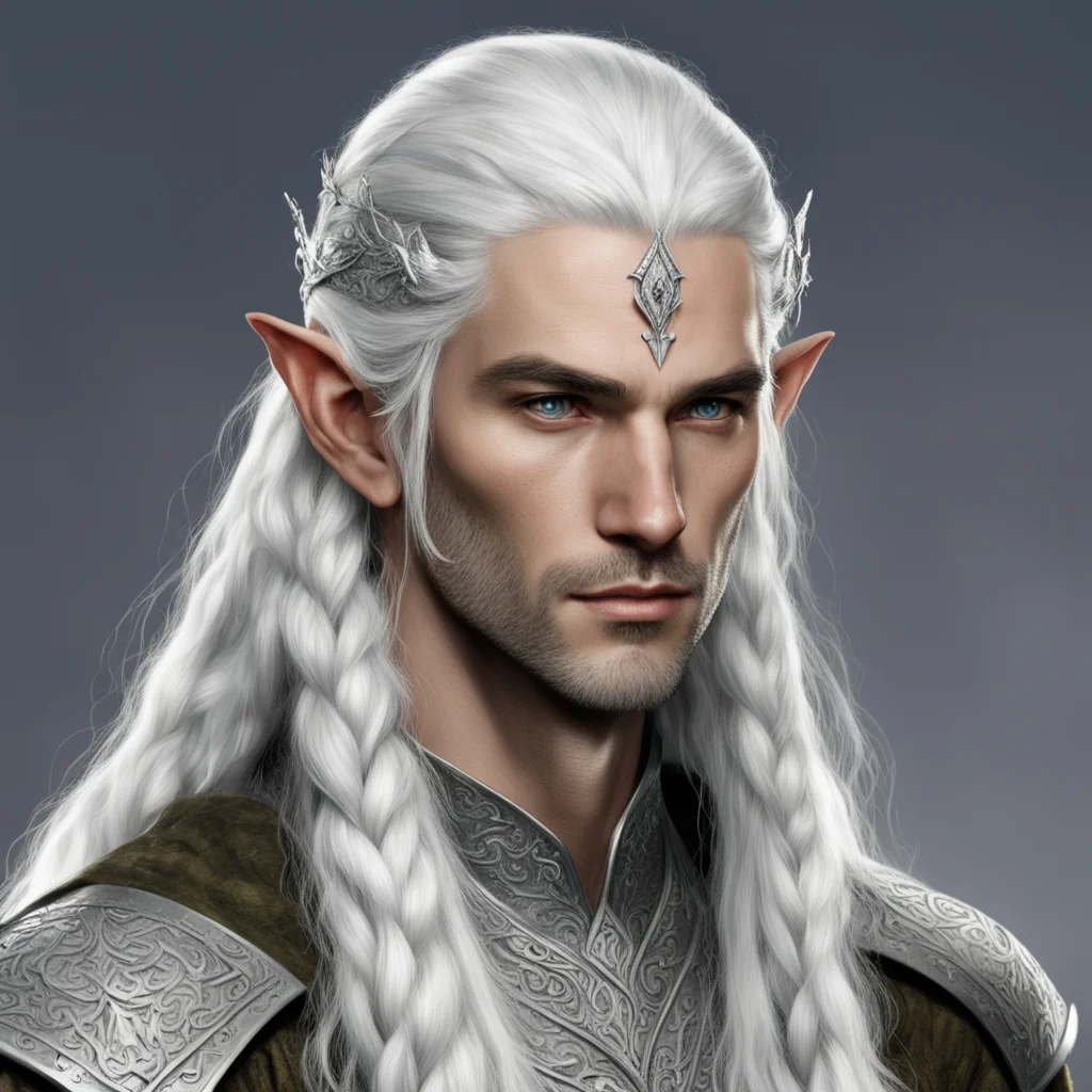 tolkien noble sindarin male elf with white hair and braids wearing silver elvish circlet with diamonds with large center diamond good looking trending fantastic 1