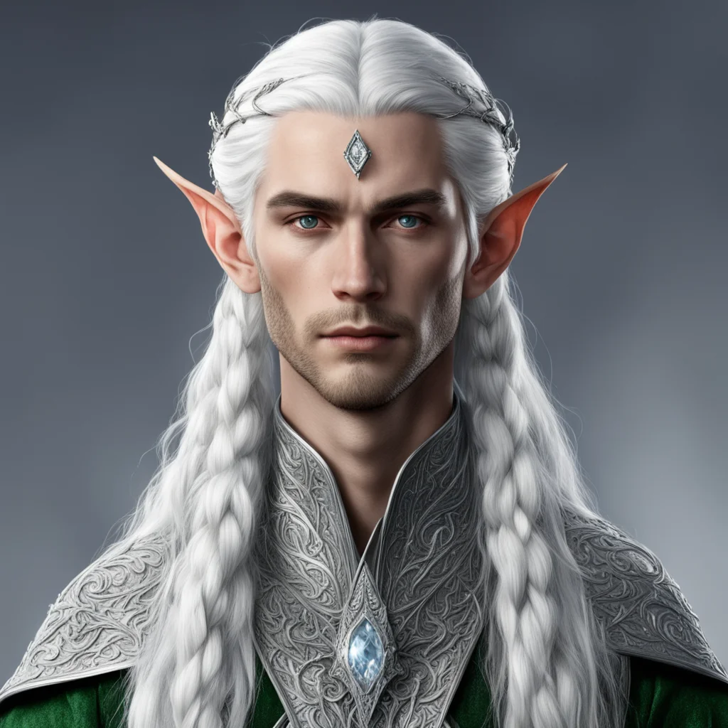 aitolkien noble sindarin male elf with white hair and braids wearing silver elvish circlet with diamonds with large center diamond