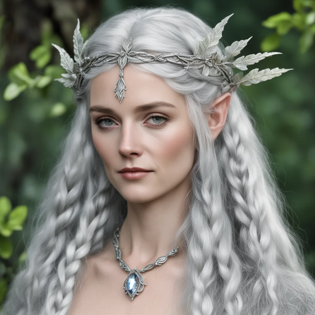 aitolkien oropher%E2%80%99s wife with silver hair with braids wearing silver oak leaf elven circlet with diamonds  amazing awesome portrait 2