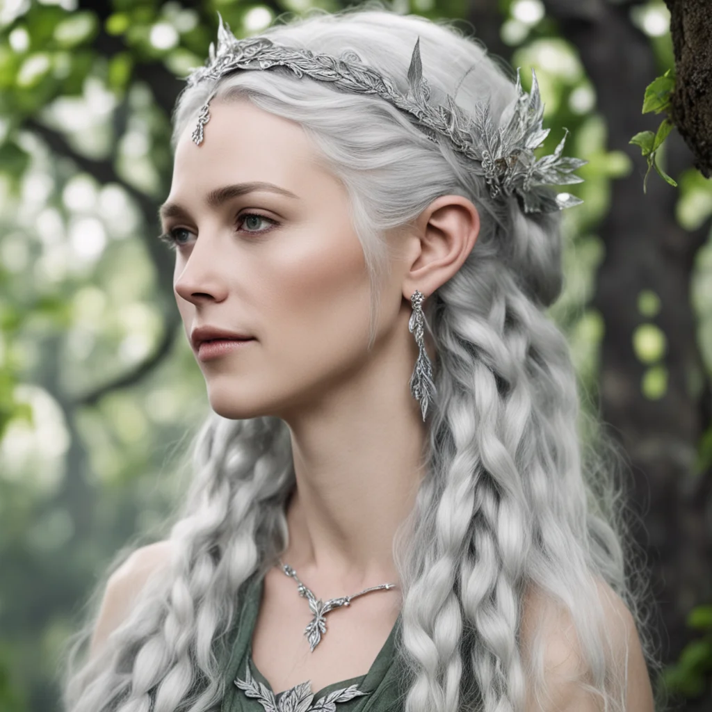 aitolkien oropher%E2%80%99s wife with silver hair with braids wearing silver oak leaf elven circlet with diamonds  good looking trending fantastic 1