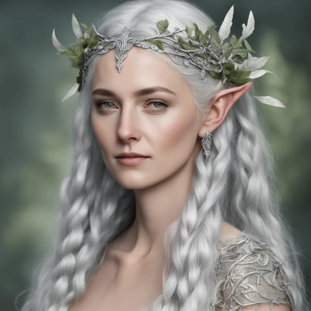 aitolkien oropher%E2%80%99s wife with silver hair with braids wearing silver oak leaf elven circlet with diamonds amazing awesome portrait 2