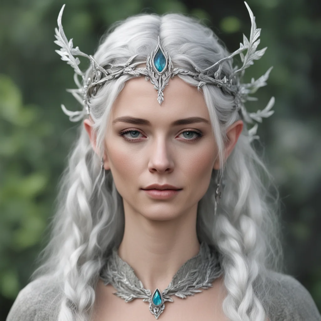 aitolkien oropher%E2%80%99s wife with silver hair with braids wearing silver oak leaf elven circlet with diamonds good looking trending fantastic 1