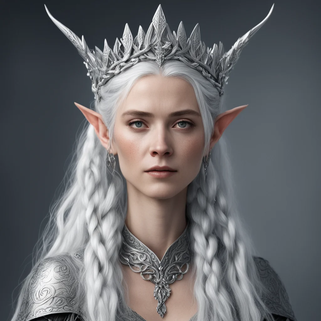 aitolkien oropher%E2%80%99s wife with silver hair with braids wearing silver wood elf crown with diamonds amazing awesome portrait 2