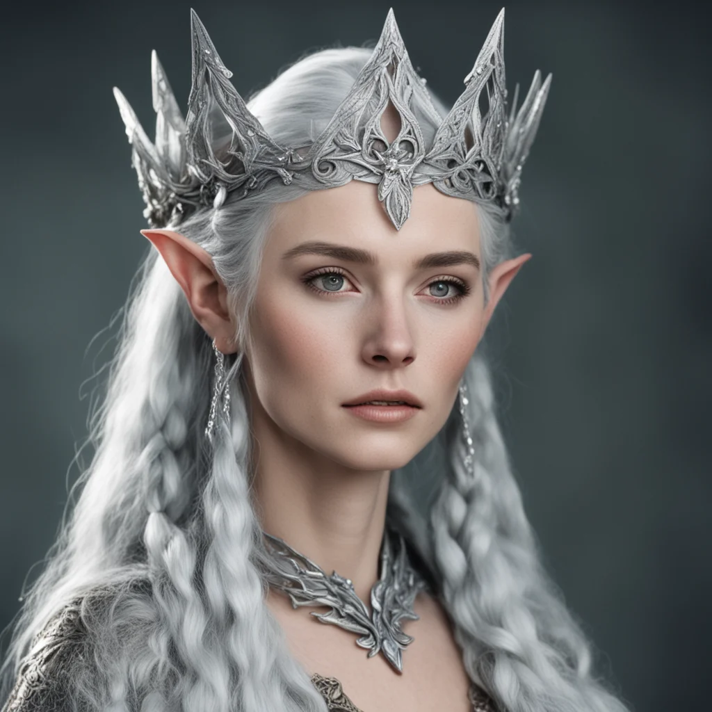 aitolkien oropher%E2%80%99s wife with silver hair with braids wearing silver wood elf crown with diamonds confident engaging wow artstation art 3