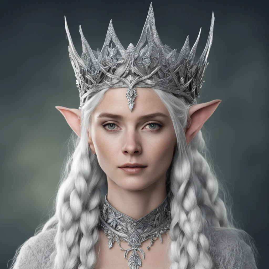 aitolkien oropher%E2%80%99s wife with silver hair with braids wearing silver wood elf crown with diamonds good looking trending fantastic 1
