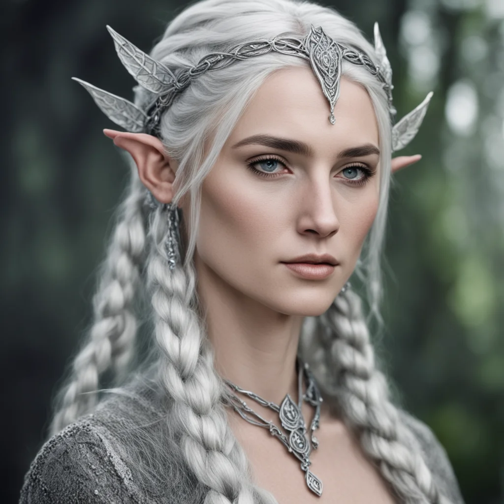 aitolkien oropher%E2%80%99s wife with silver hair with braids wearing silver wood elven circlet with diamonds amazing awesome portrait 2