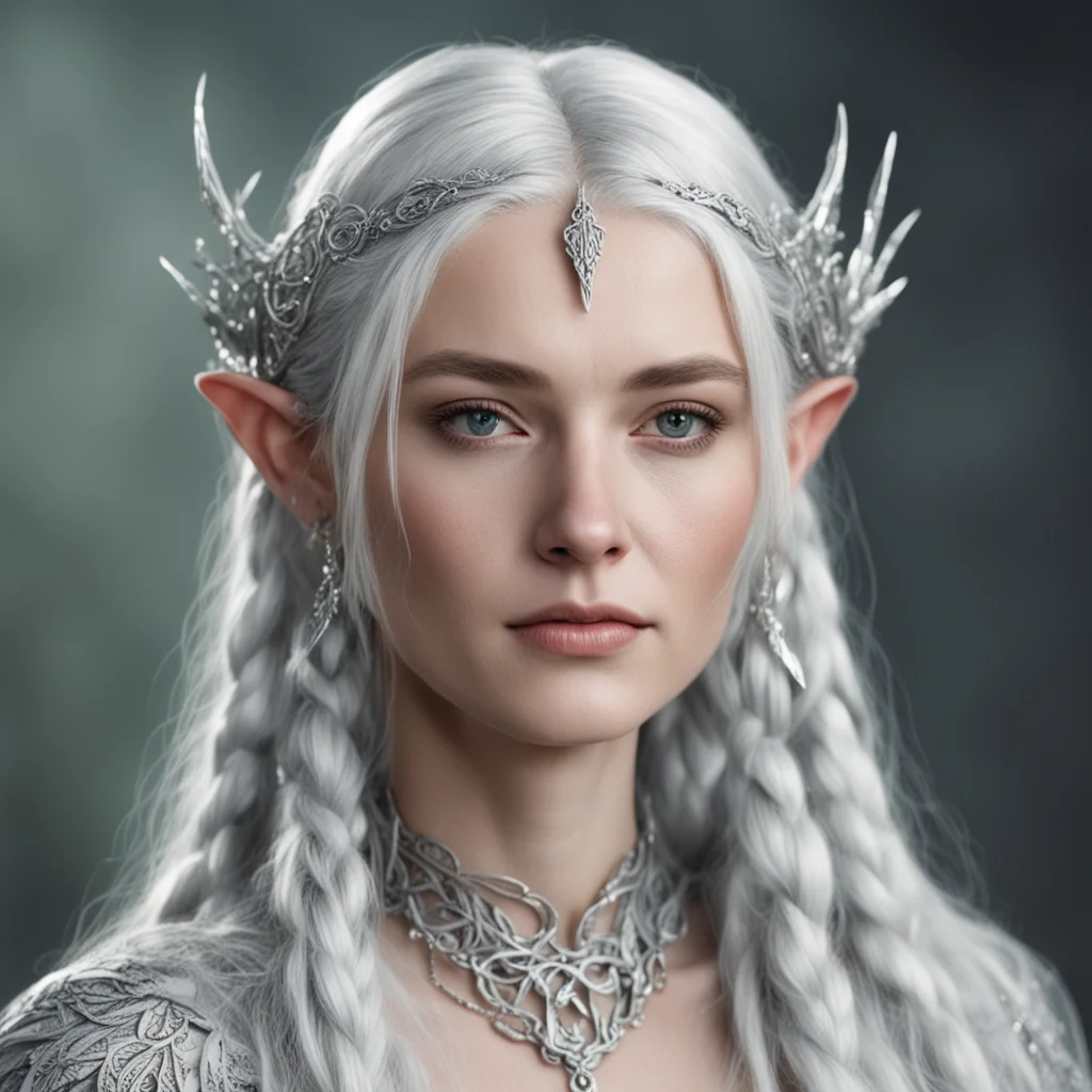 aitolkien oropher%E2%80%99s wife with silver hair with braids wearing silver wood elven circlet with diamonds good looking trending fantastic 1