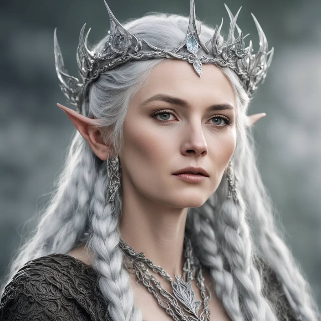 aitolkien oropher%E2%80%99s wife with silver hair with braids wearing silver wood elven coronet with diamonds amazing awesome portrait 2