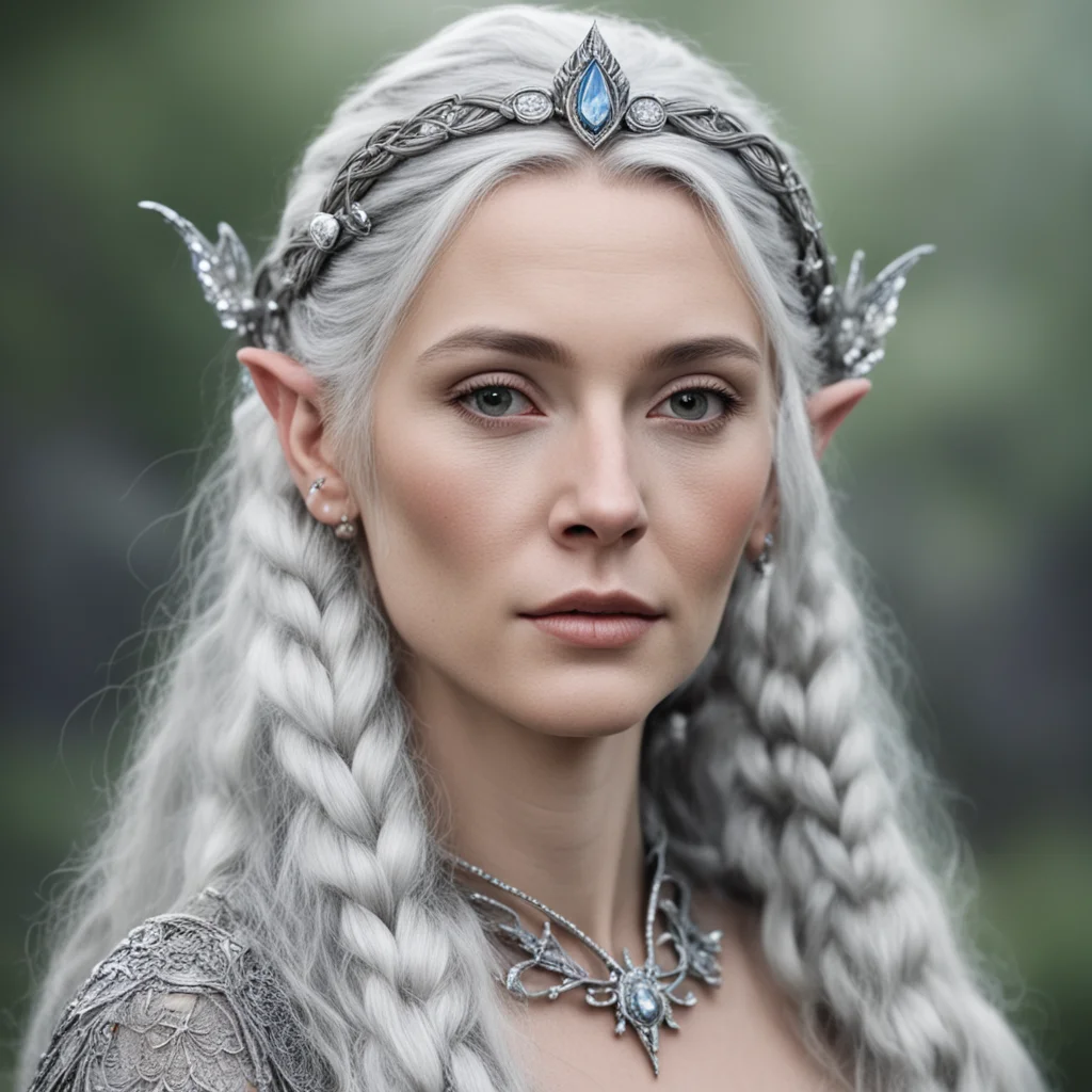 aitolkien oropher%E2%80%99s wife with silver hair with braids wearing silver wood elven coronet with diamonds good looking trending fantastic 1