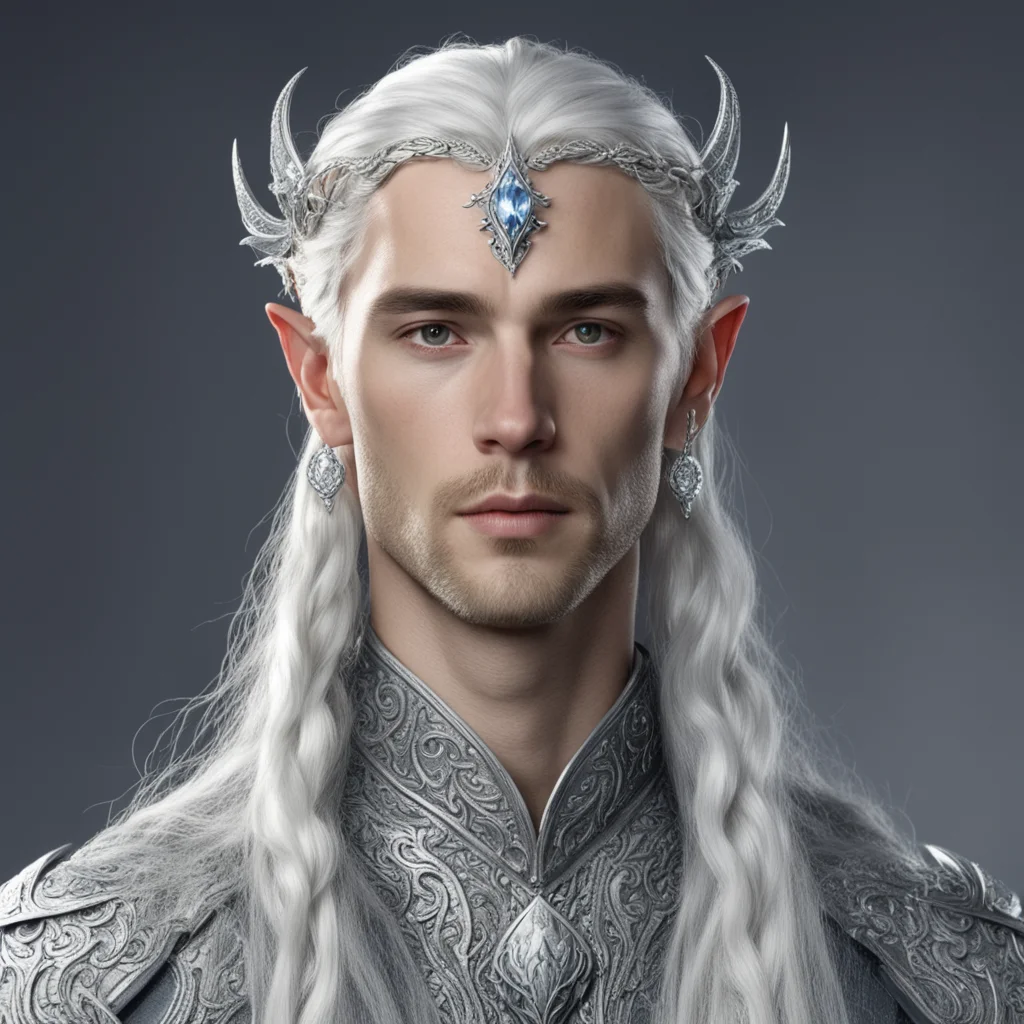 aitolkien prince celeborn with silver hair and braids wearing silver elvish circlet encrusted with diamonds with large center diamond  good looking trending fantastic 1