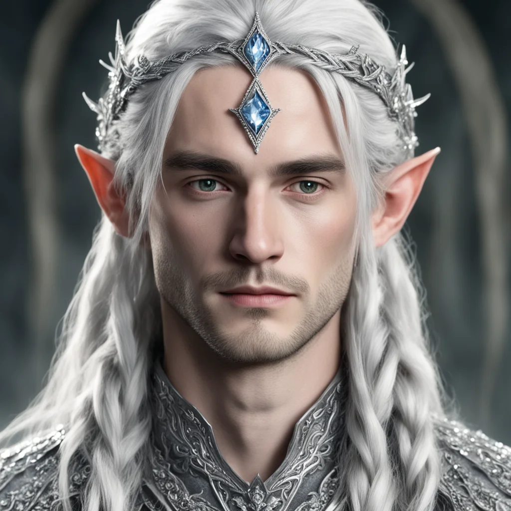 aitolkien prince celeborn with silver hair and braids wearing silver elvish circlet encrusted with diamonds with large center diamond 