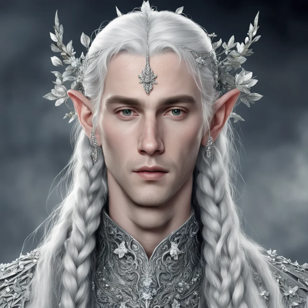 tolkien prince celeborn with silver hair and braids wearing silver flowers encrusted with diamonds to form a  silver serpentine elvish circlet encrusted with diamonds with large center diamond confi
