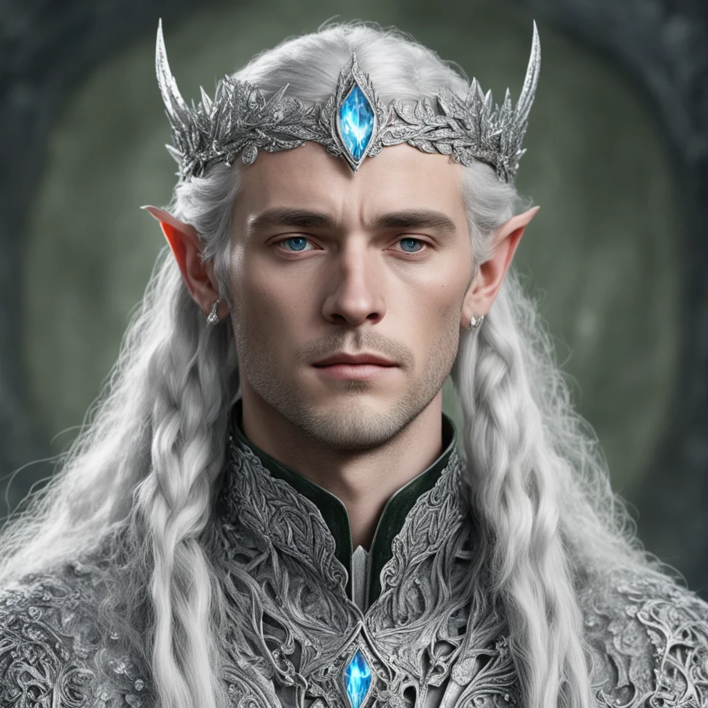 aitolkien prince celeborn with silver hair and braids wearing silver laurel leaf elvish circlet heavily encrusted with diamonds with large center circular diamond amazing awesome portrait 2