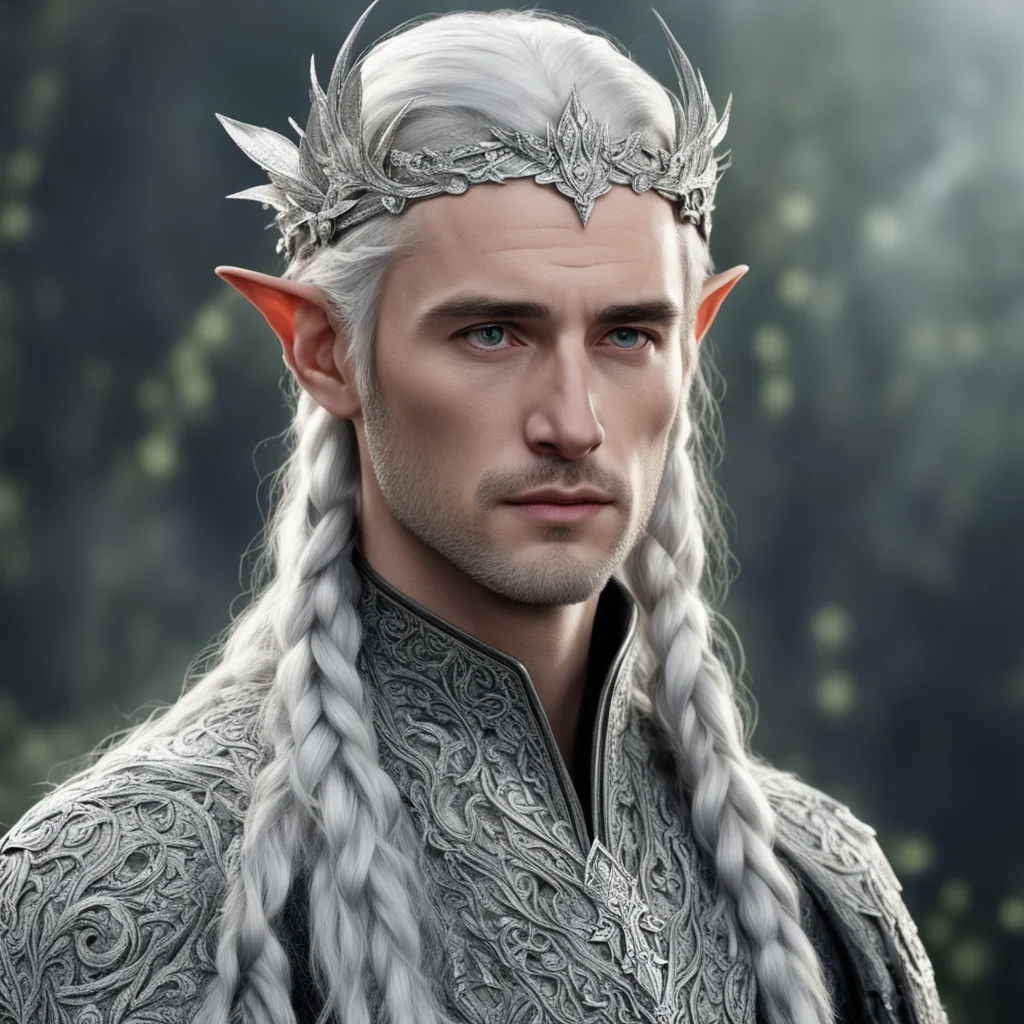 aitolkien prince celeborn with silver hair and braids wearing silver laurel leaf elvish circlet heavily encrusted with diamonds with large center circular diamond