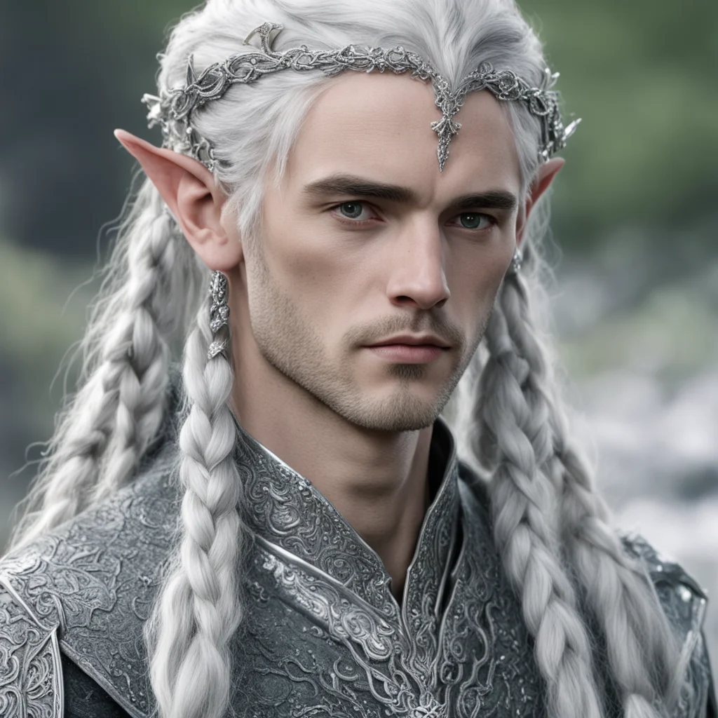 aitolkien prince celeborn with silver hair and braids wearing silver serpentine elvish circlet encrusted with diamonds with large center diamond
