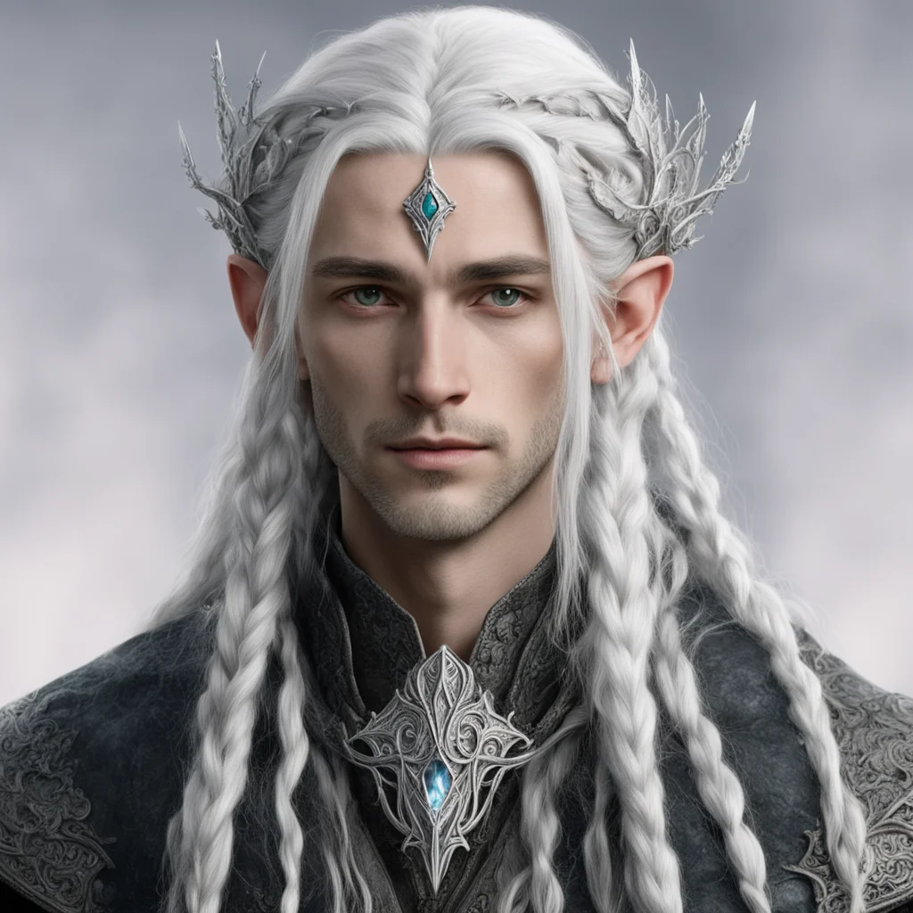 tolkien prince celeborn with silver hair and braids wearing silver sindarin elvish circlet with large center diamond good looking trending fantastic 1