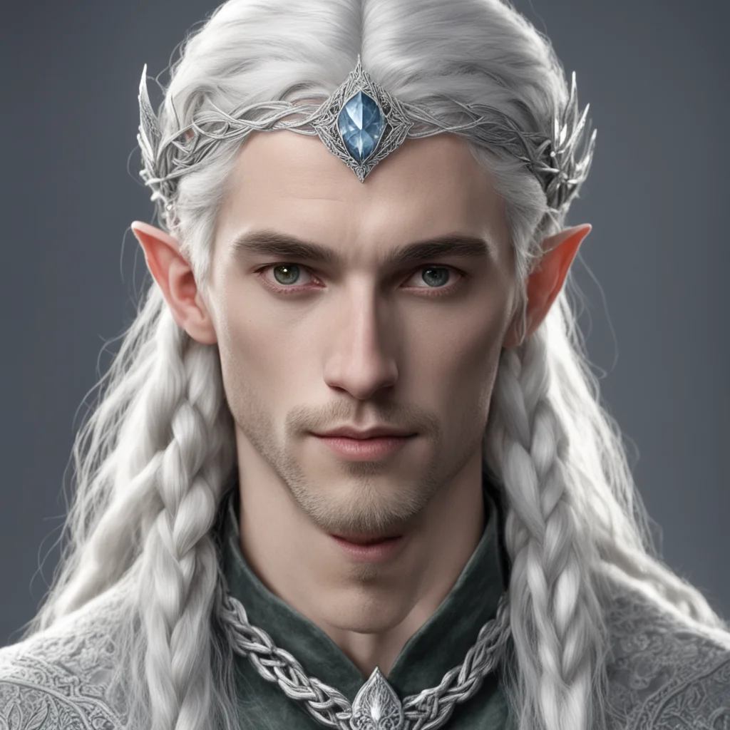 aitolkien prince celeborn with silver hair and braids wearing silver sindarin elvish circlet with large center diamond