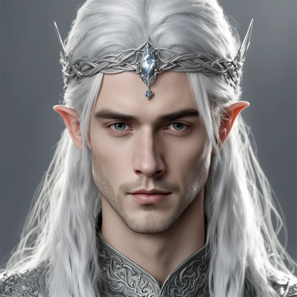 tolkien prince celeborn with silver hair and braids wearing silver sindarin elvish circlet with prominent center diamond