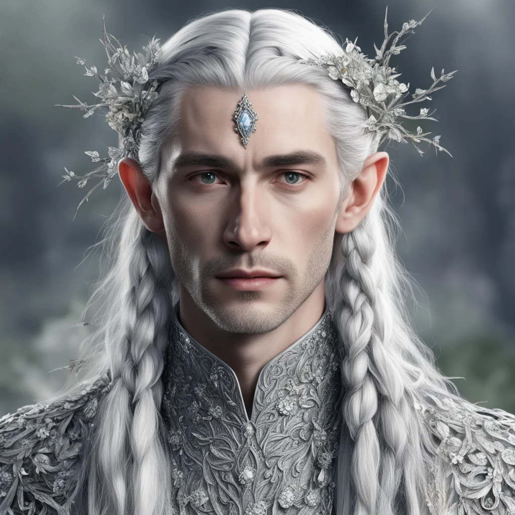 tolkien prince celeborn with silver hair and braids wearing silver twigs and silver flowers encrusted with diamonds to form a silver elvish circlet with large center diamond  amazing awesome portrai