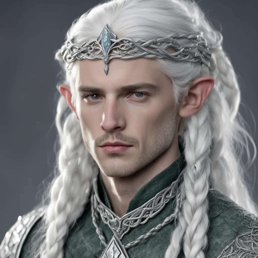 aitolkien prince celeborn with silver hair and braids wearing small silver serpentine elvish circlet with large center diamond 