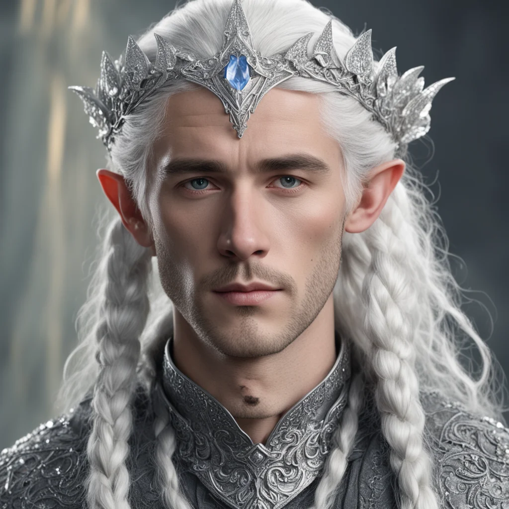 tolkien prince elmo with silver hair and braids wearing silver elvish circlet encrusted with diamonds and large center diamond 
