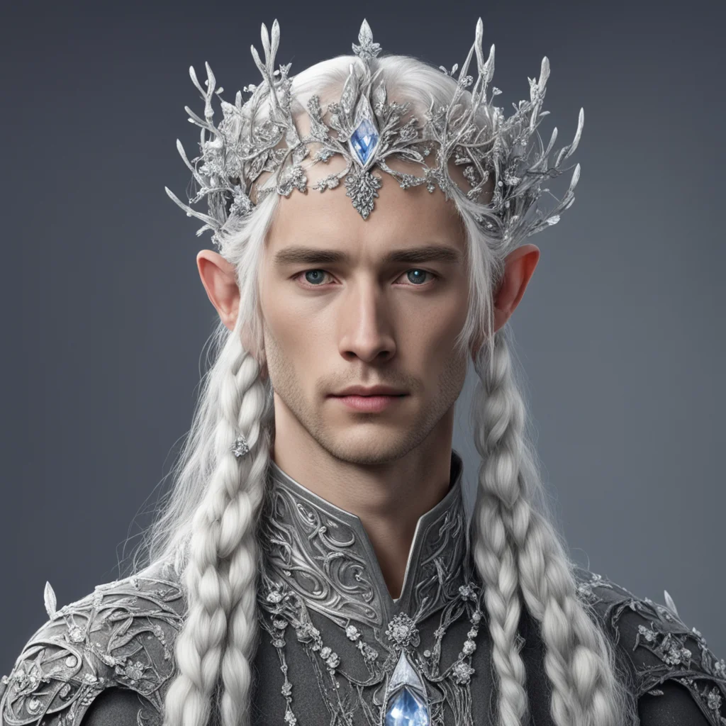 tolkien prince elmo with silver hair and braids wearing silver twigs and silver flowers encrusted with diamonds to form a silver elvish circlet with large center diamond 