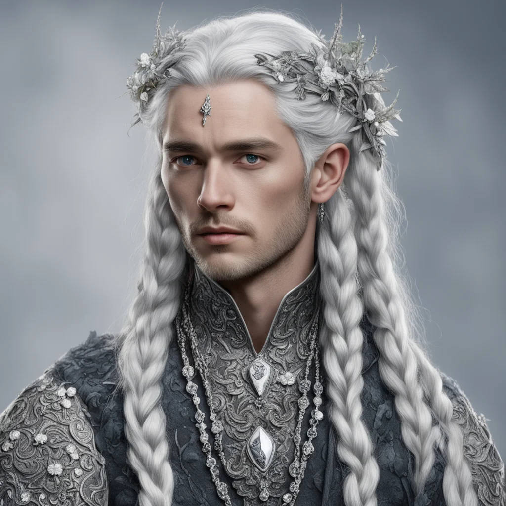 aitolkien prince elmo with silver hair and braids wearing silver twigs and silver flowers encrusted with diamonds with large center diamond  good looking trending fantastic 1