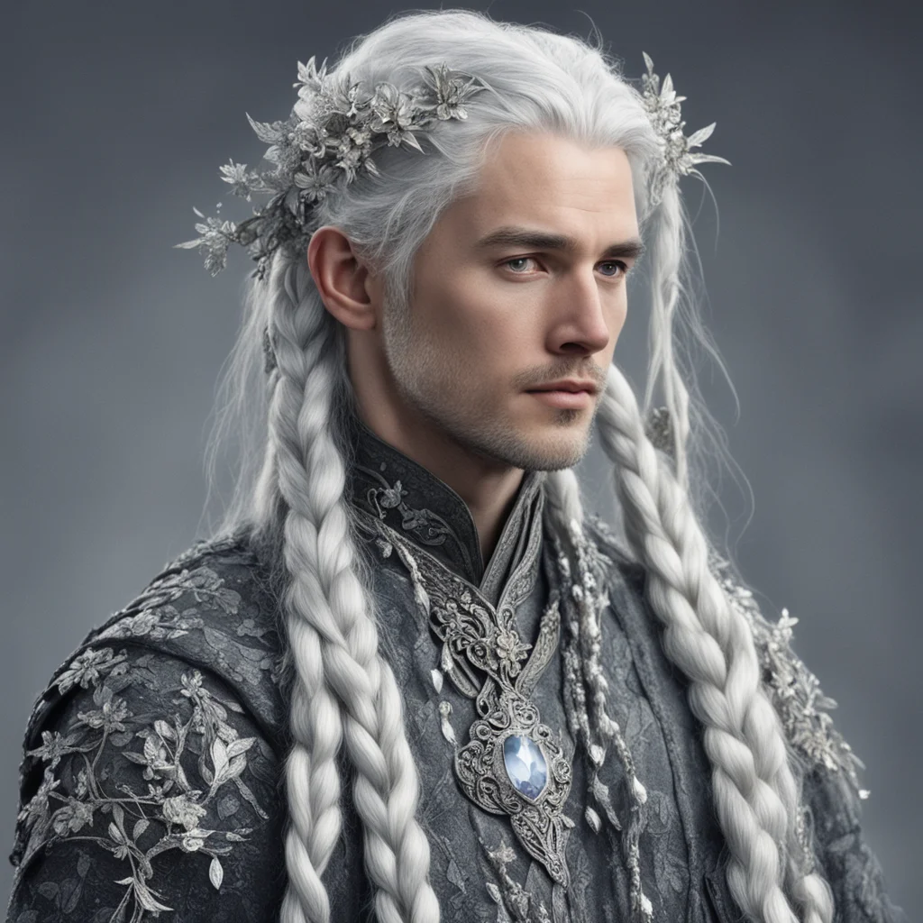 tolkien prince elmo with silver hair and braids wearing silver twigs and silver flowers encrusted with diamonds with large center diamond 
