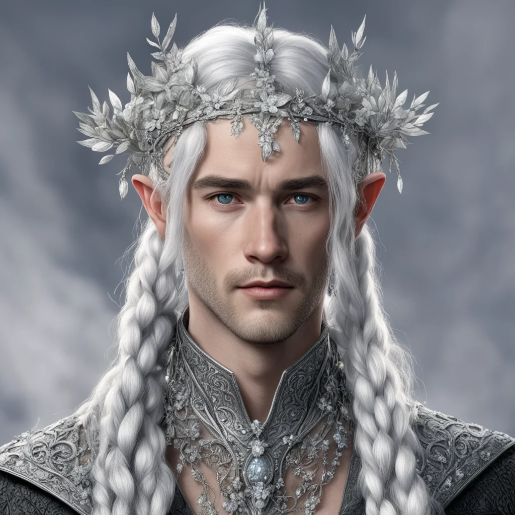 tolkien prince elmo with silver hair and braids wearing silver twigs encrusted with diamonds and silver flowers encrusted with diamonds to form a silver elvish circlet with large center diamond  ama